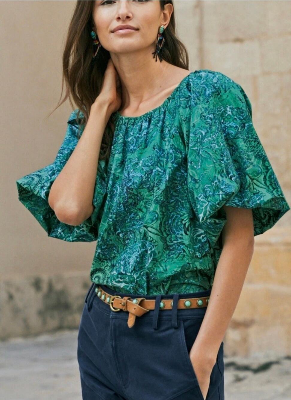 Peruvian Connection Womens Small Boho Blouse Top Paisley Puff Sleeves Elegant